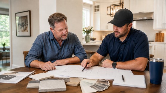 Homeowner discussing residential renovation plans with a general contractor at a kitchen table.