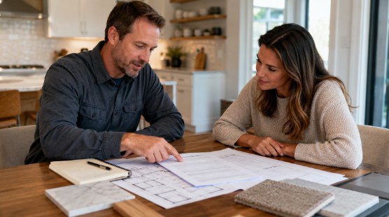 General contractor reviewing a written project estimate and construction plans with a homeowner.